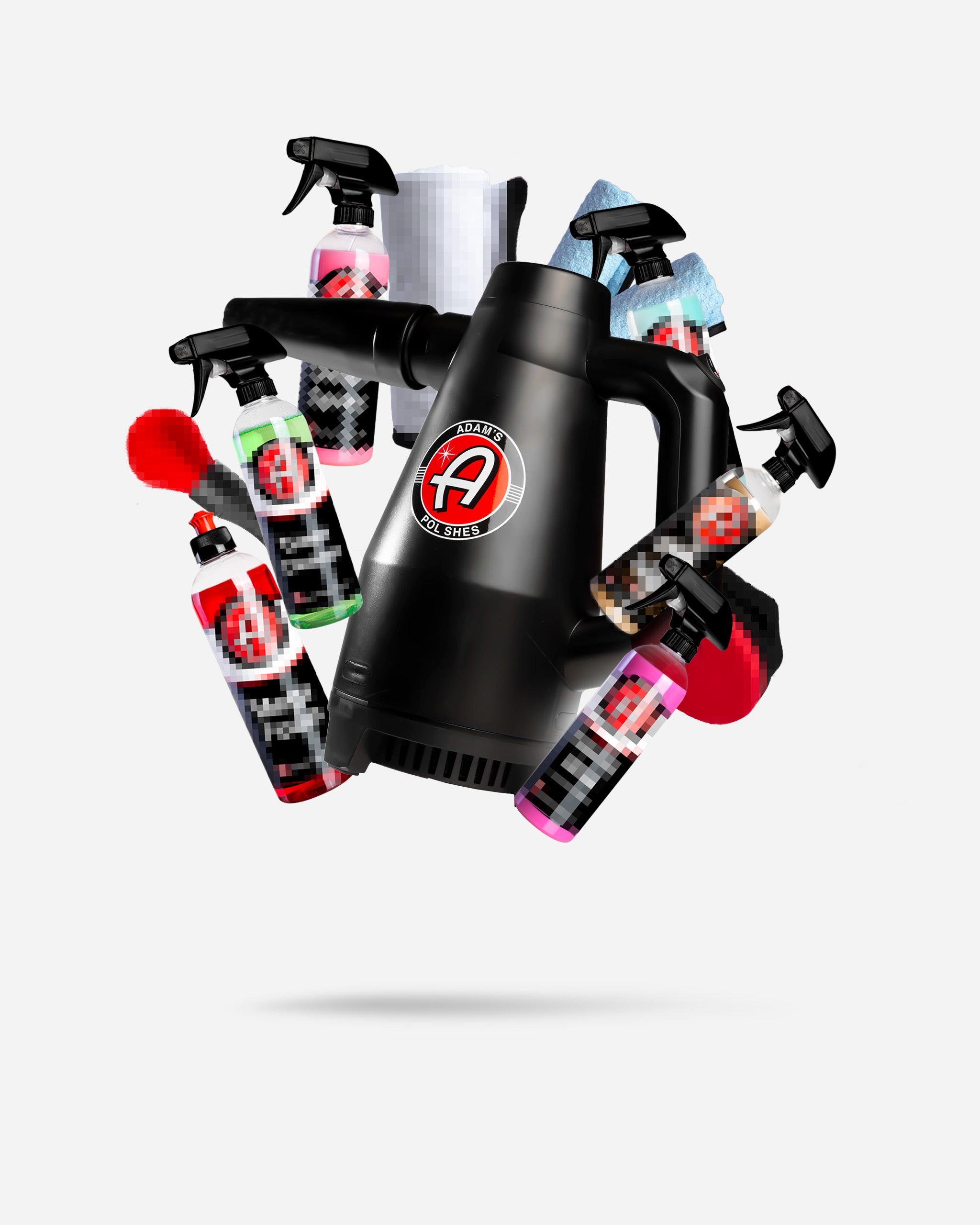 Alt text: "Adam's Mystery Handheld Mini Air Cannon priced at $99.99, featuring a compact black design with multiple colorful spray bottles and microfiber cloths arranged dynamically around it."