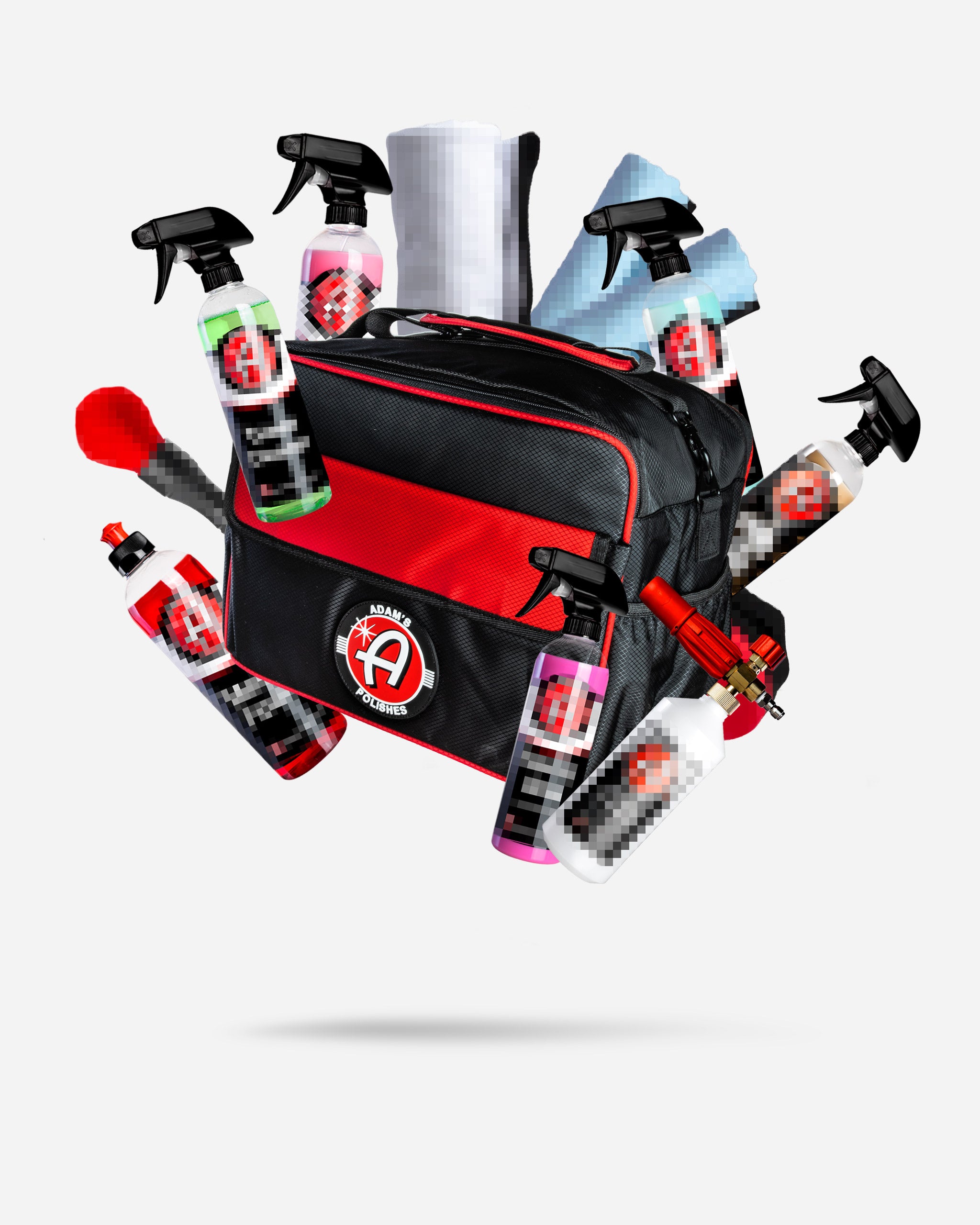 Alt text: "Adam's Random Mystery Trunk Organizer V2, priced at $99.99, packed with various car care products including spray bottles, microfiber cloths, and sponges, prominently featuring the Adam's Polishes logo on